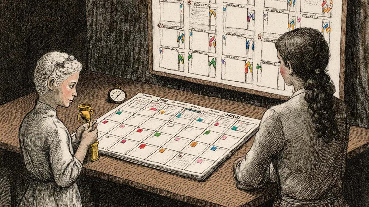 Plánovač na stole, časovač, odměna a podpůrný přítel jako součást tréninkového plánu.