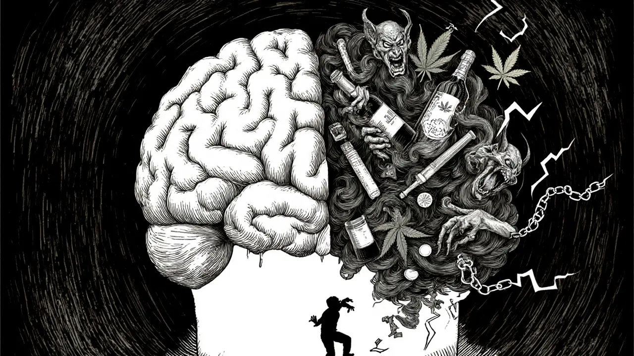 Rozdělený mozek, pravá polovina plná démonů a symbolů alkoholu a drog.