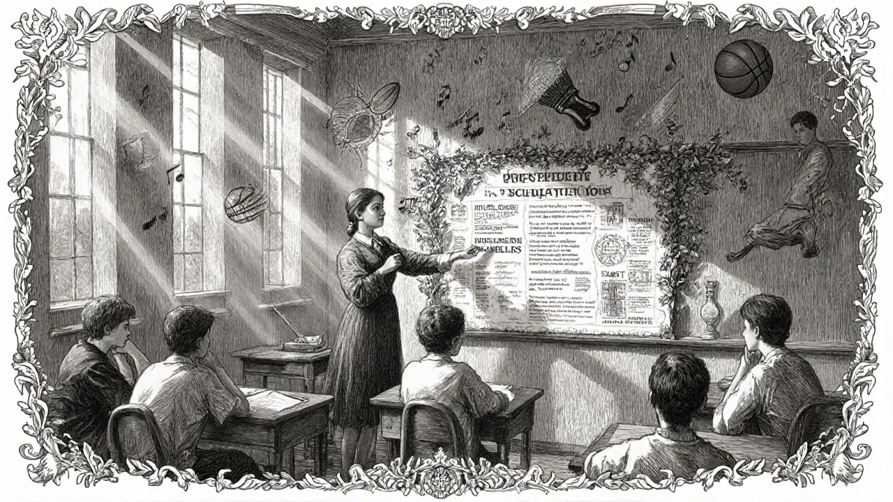 Školní lekce o prevenci, teenagři a učitel obklopeni symboly podpory.