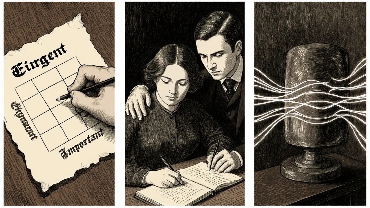 Třičástý obraz: matice Eisenhoweru, spolupráce s partnerem a neurofeedback s EEG čepicí.