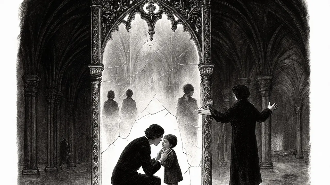 Postava objímá své dětské já před rozbitým zrcadlem, terapeut stojí pozorovatel s laskavostí.