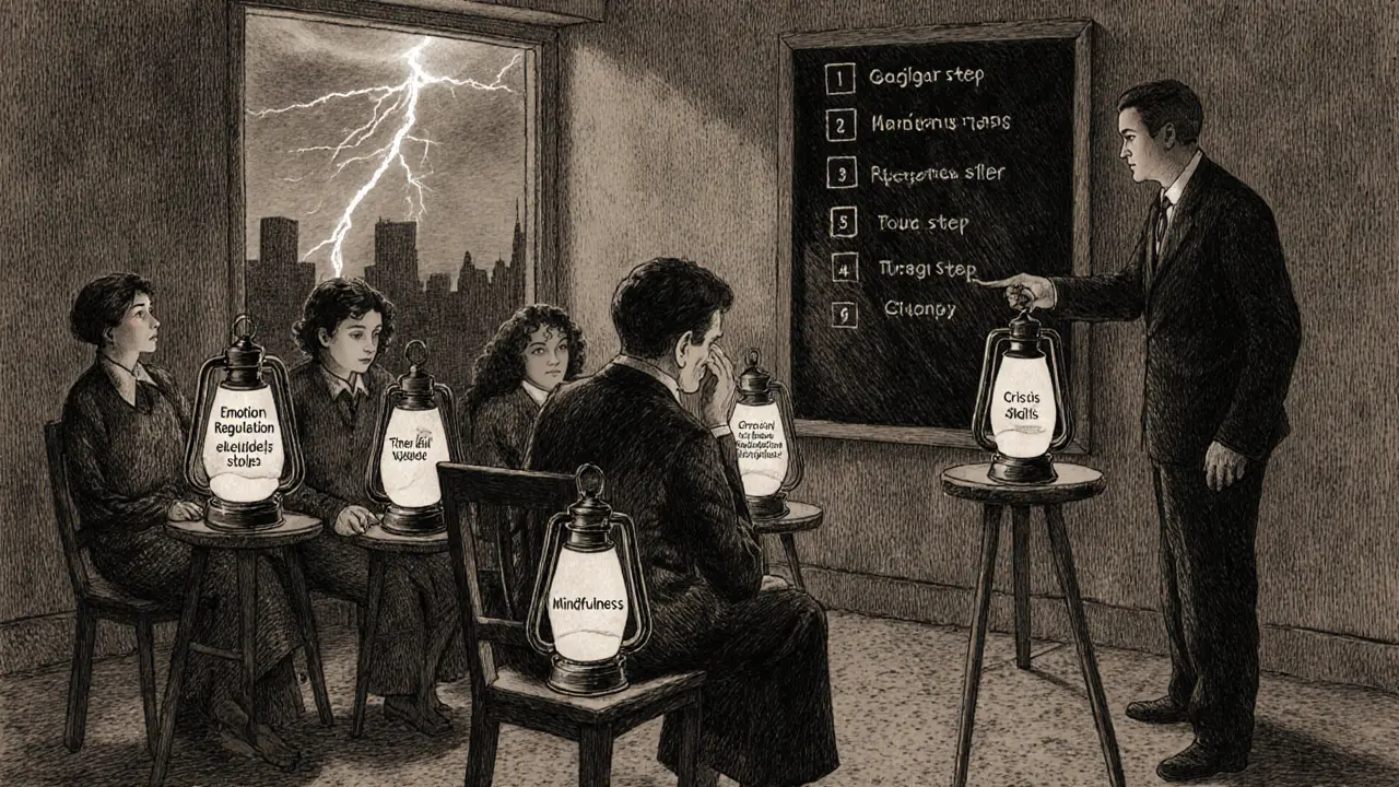 Skupina lidí v chladné místnosti s terapeutem, kteří drží laterny s dovednostmi pro regulaci emocí.