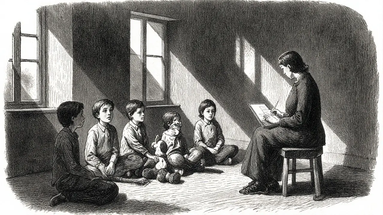 Skupinová terapie sourozenců, děti v semi‑kruhu, psycholog vede hru, výrazné gesto a podpora.