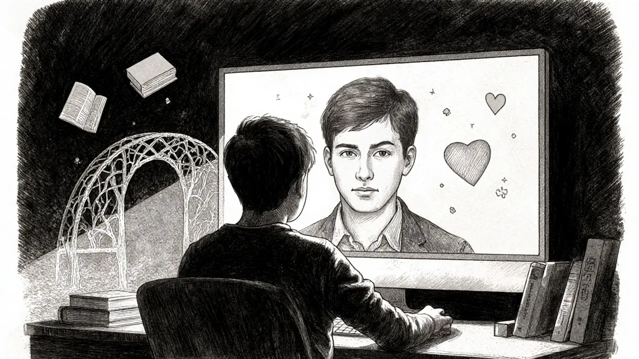 Teenager při online terapii, na obrazovce psycholog, symbolické mosty a knihy, naděje a spojení.