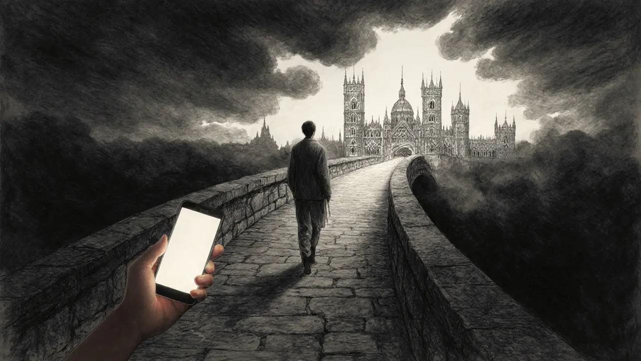 Uvoľnená osoba kráča po osvietenom moste k svetlému útočisku s aplikáciou.