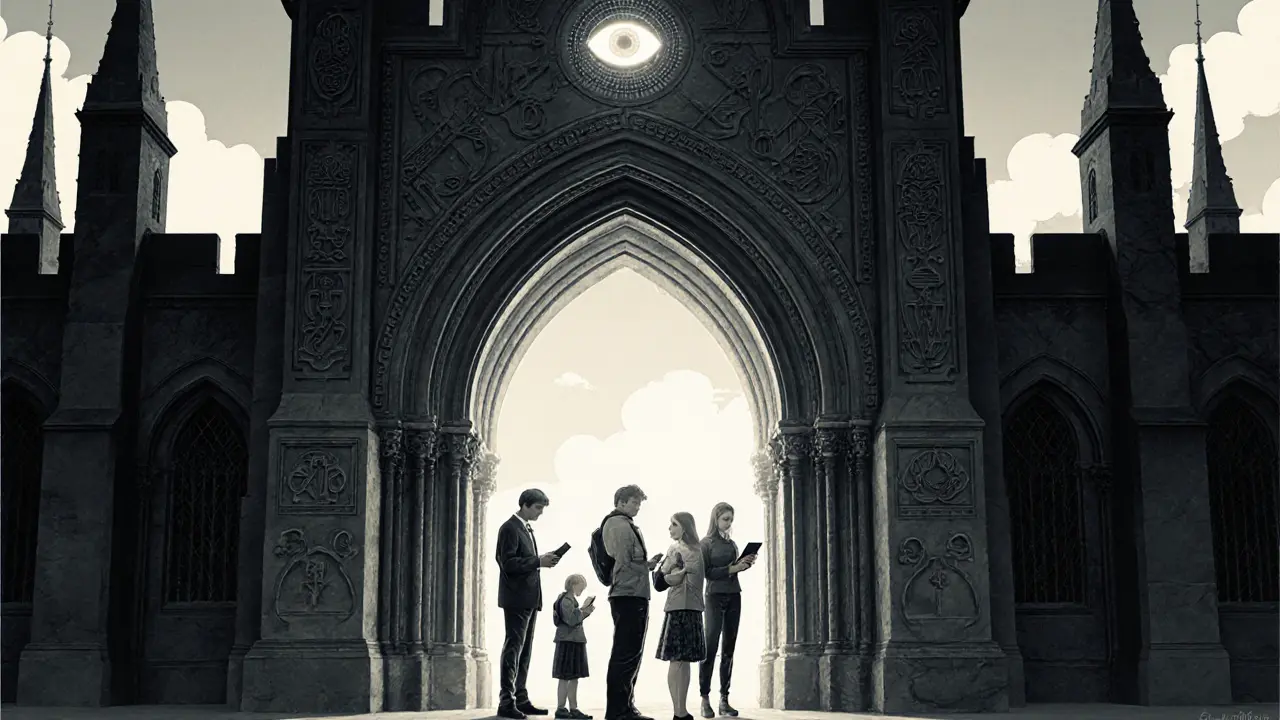 Gothicová kamenná brána s osvětleným AI očím a lidmi vstupujícími k jednotnému portálu.