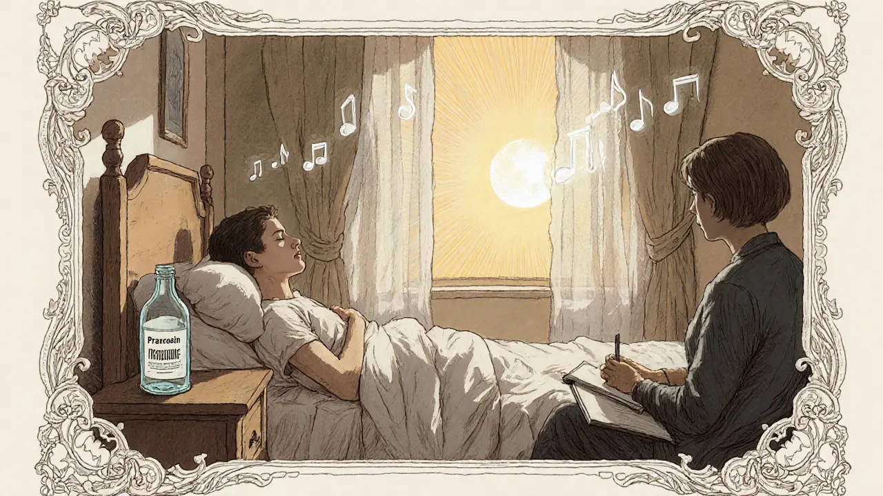 Klidný spáč, láhev prazosinu, terapeut a symboly relaxace v ranním světle.