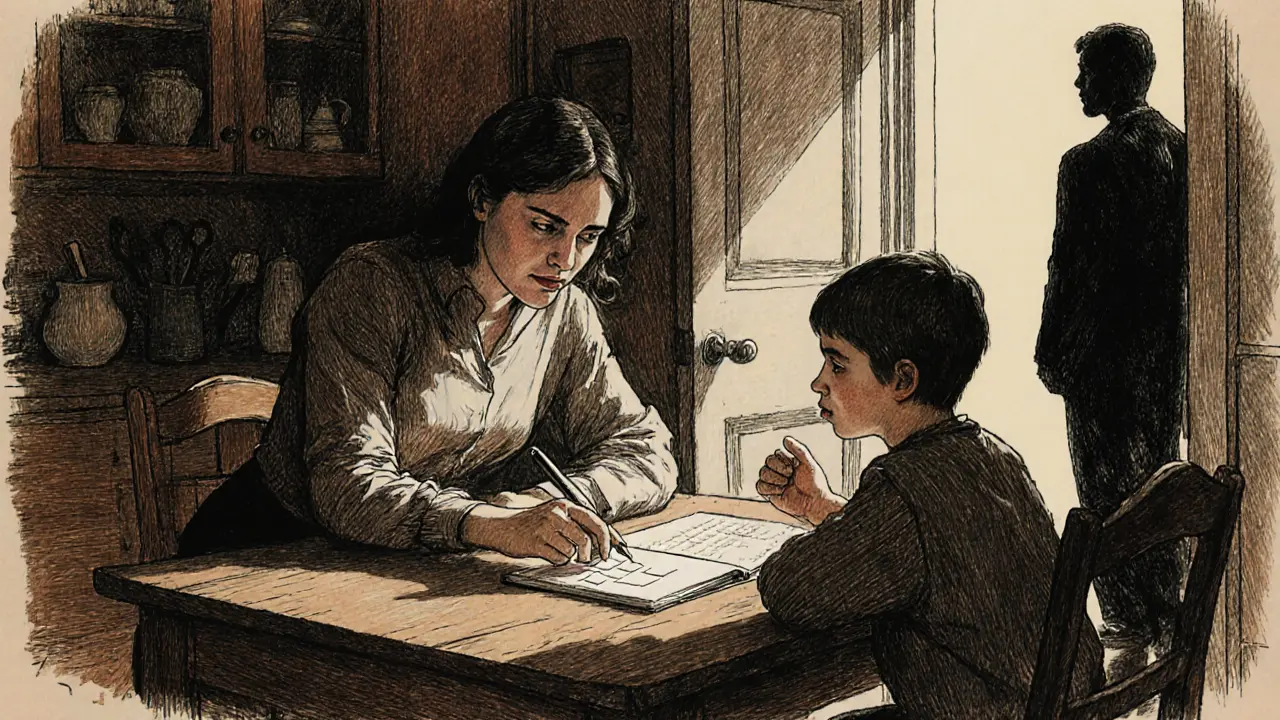 Rodič a dítě připravují stručné body rozhovoru u kuchyňského stolu, s psychologem na pozadí.