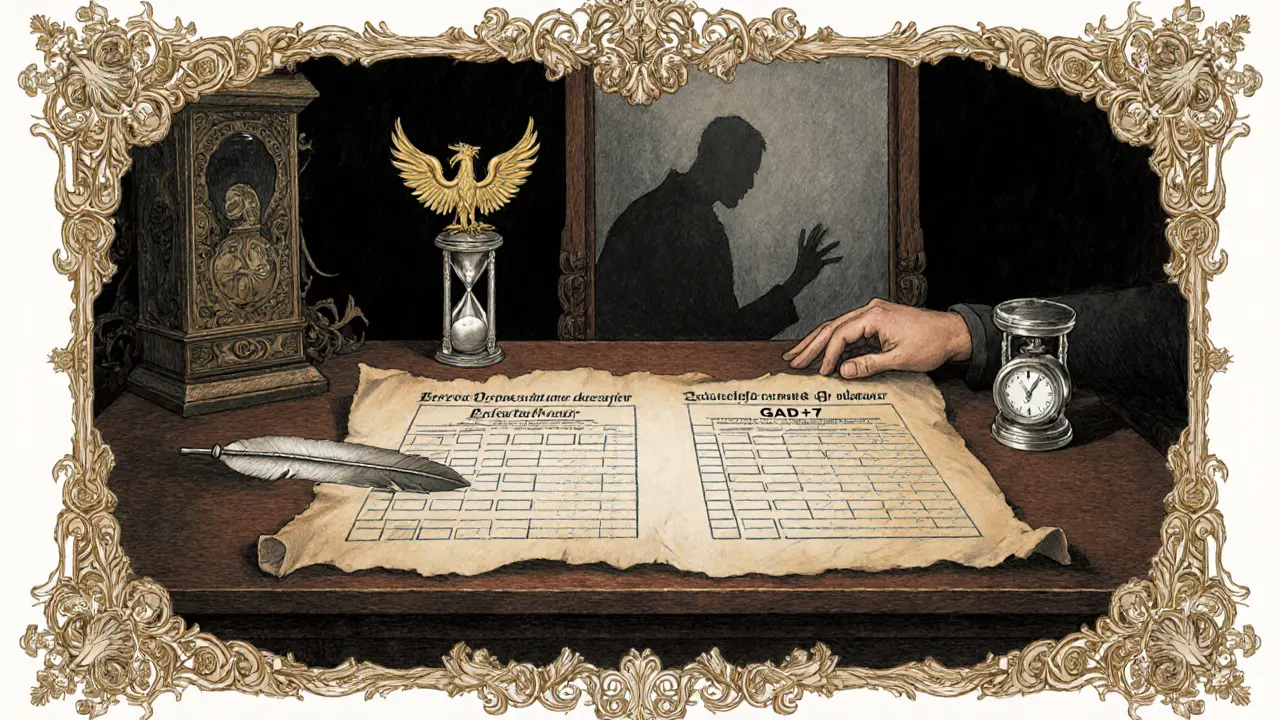 Stolní scéna s vyplněnými dotazníky BDI a GAD‑7, hodinovým pískadlem a terapeutem.