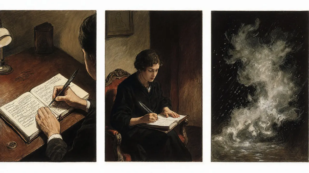 Tři panely: zápis nočního můry, přepis s terapeutem, vizualizace nového snu.