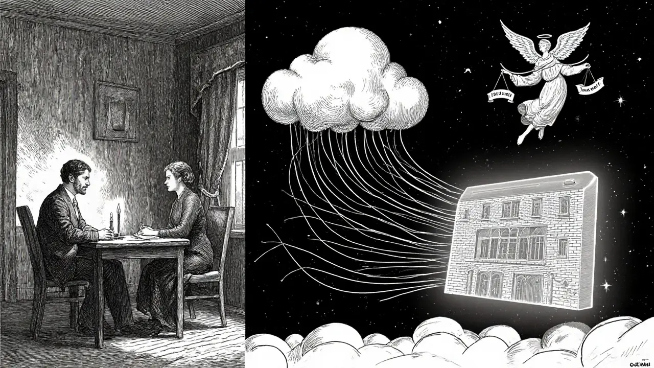 Zobrazení hybridní terapie: tradiční setkání vs. AI‑analýzy a legislativní symboly.