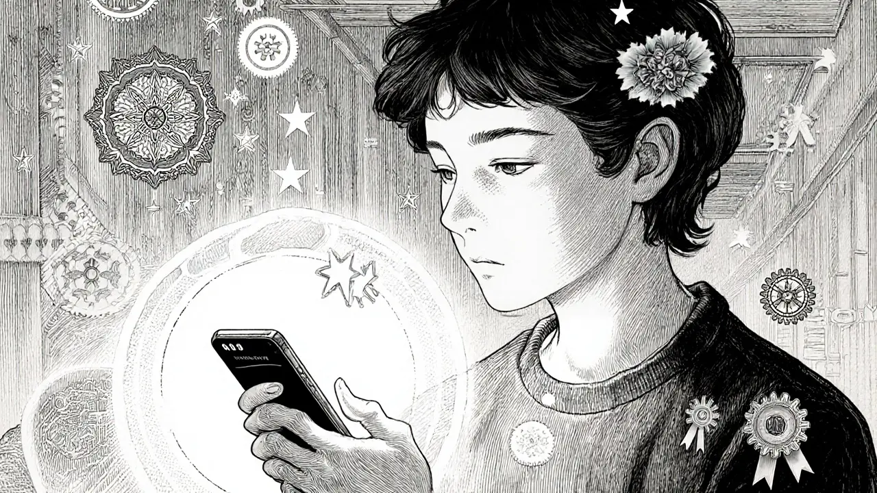 Budoucnost: osoba s aplikací, obklopená symboly mindfulness a gamifikace.