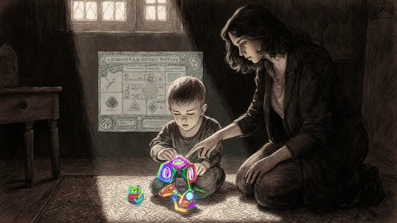 Dítě staví Magformers pod dohledem terapeuta, s grafem senzorického profilu v pozadí.