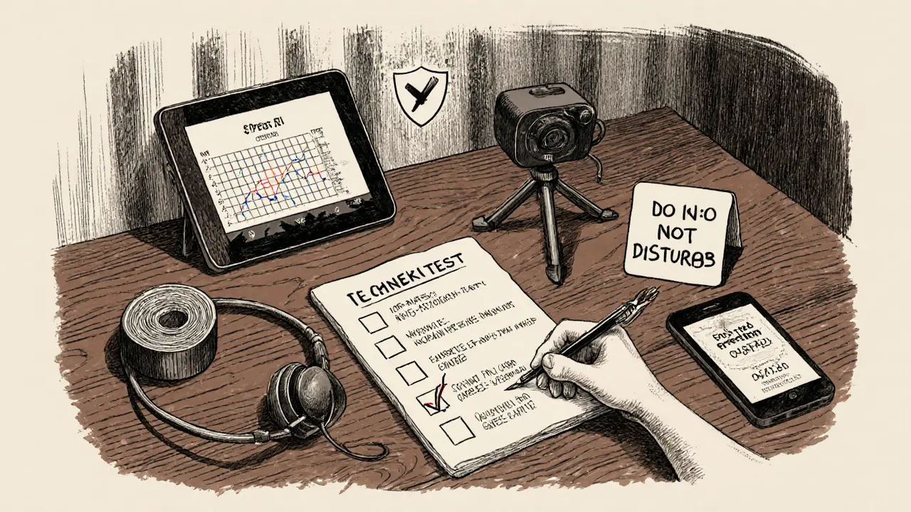 Kontrolní seznam s rychlostí, kabelem, kamerou a sluchátky na dřevěném stole.