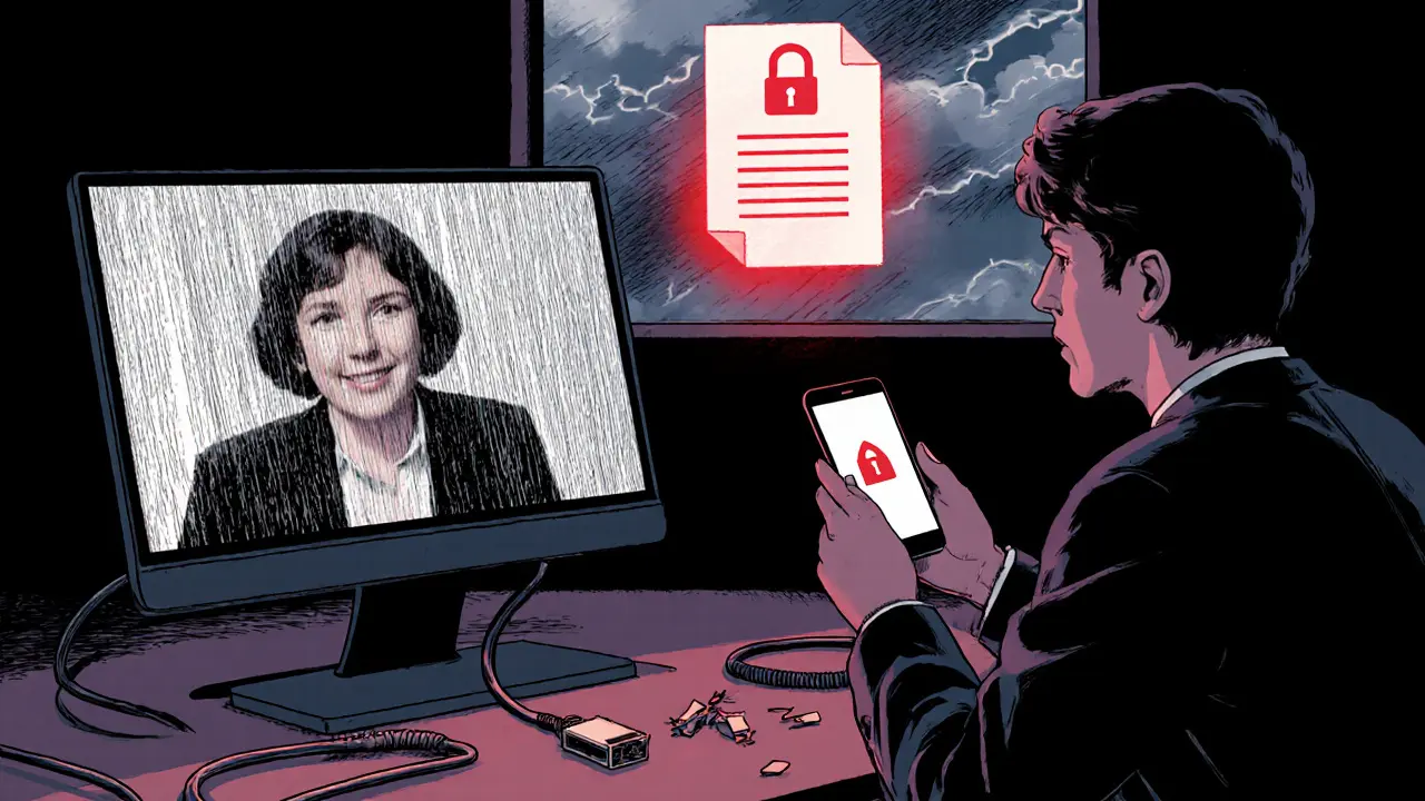 Porucha online terapie, zamrzlý obraz, telefon připravený k volání, varování.