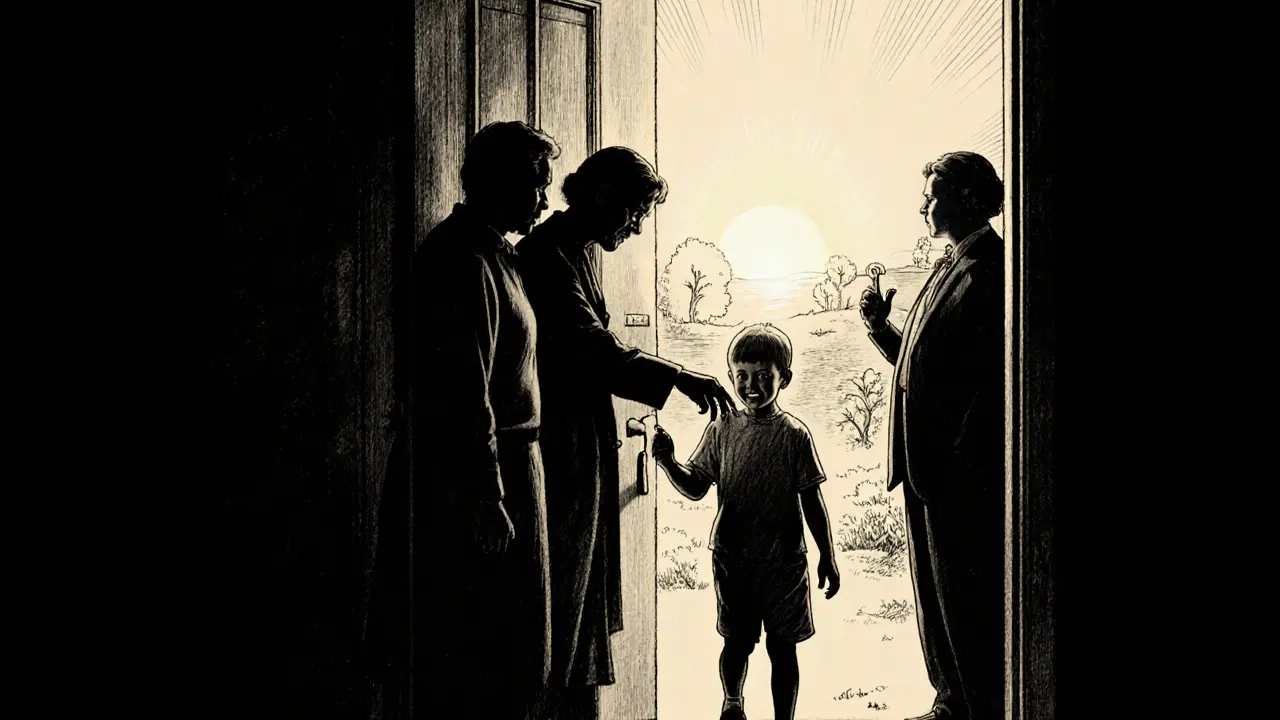 Rodina stojí před otevřenými dveřmi, symbolizujícími úspěšnou terapii CRAFT.