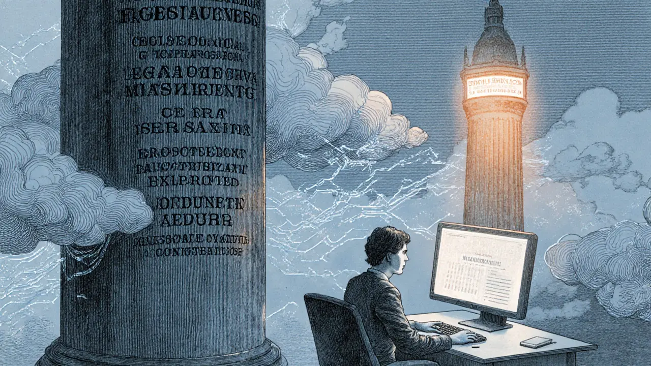 Terapeut u počítače s digitálními datovými mraky, nad ním nový zákonný sloup a světýlko centrální etické poradny.