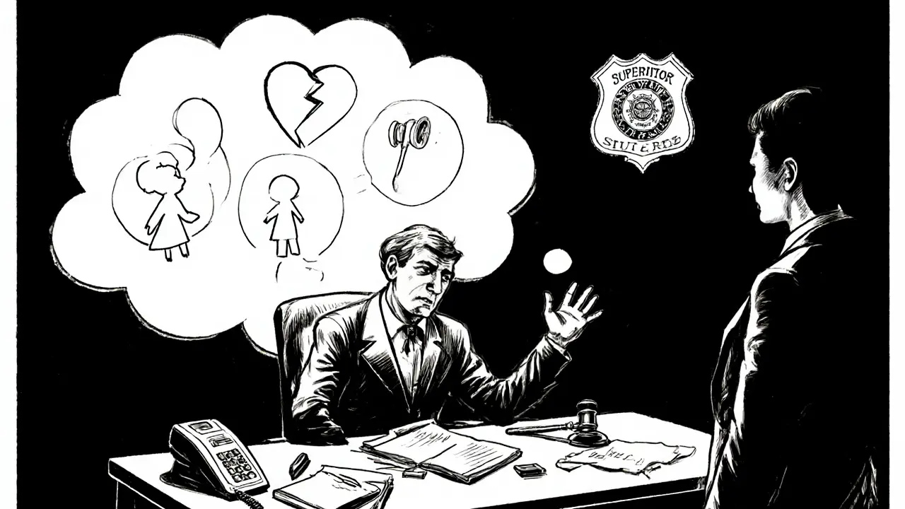 Terapeut u stolu s policejní stínem, myšlenkovými bublinami o sebevraždě, ohrožení dítěte a právním rozhodnutí.