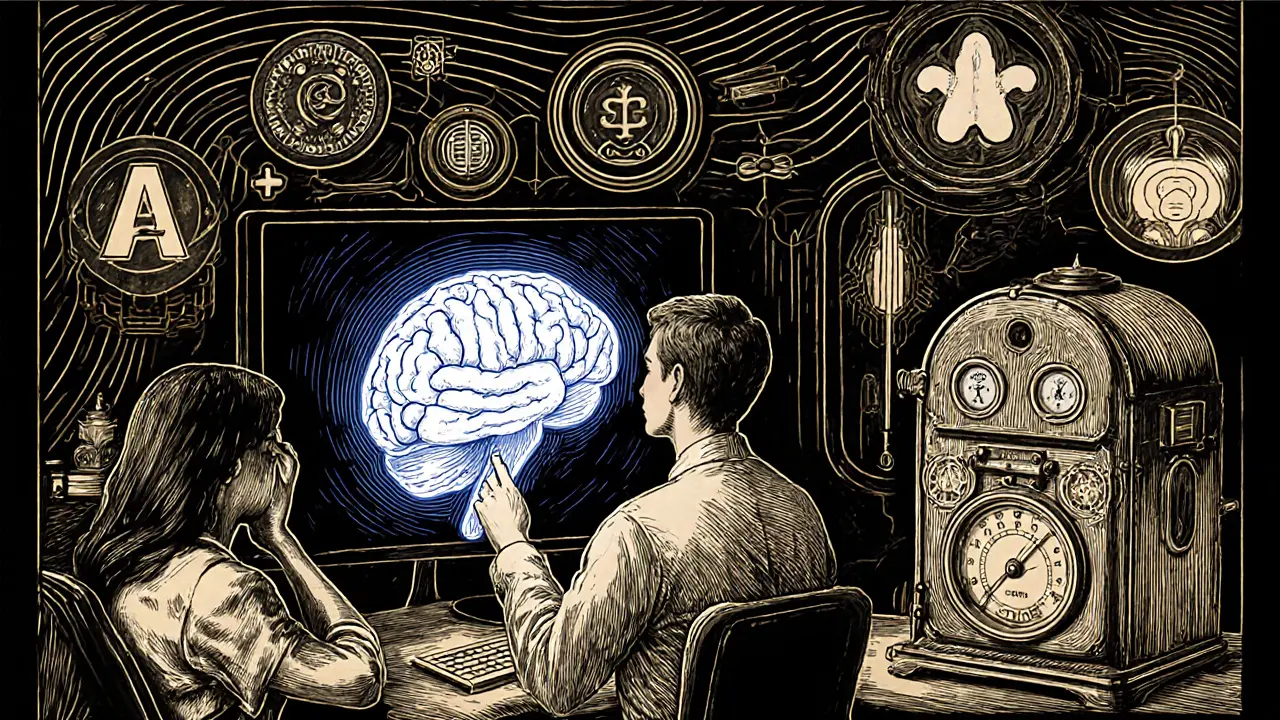 Ilustrace budoucí terapie s holografickým mozkem, neurofeedbackem a symboly ACT a DBT.