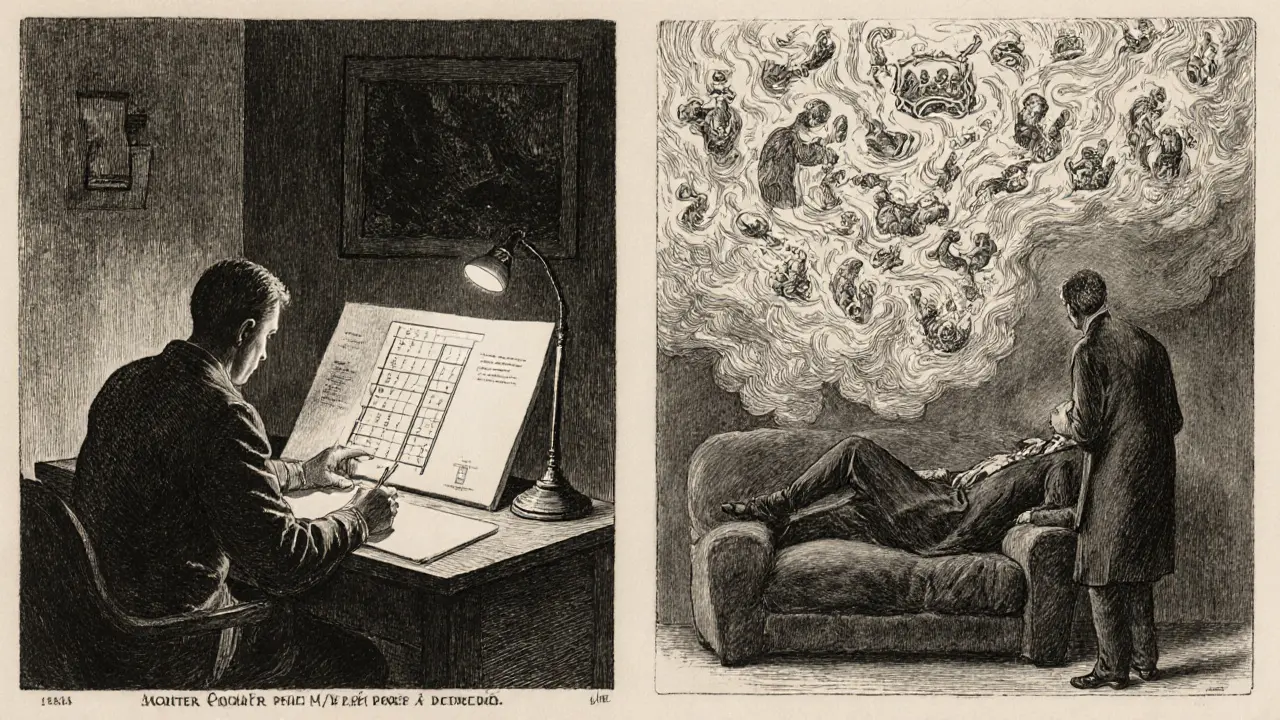 Ilustrace terapie: levá strana ukazuje KBT se záznamem myšlenek, pravá psychodynamická sezení na křesle.