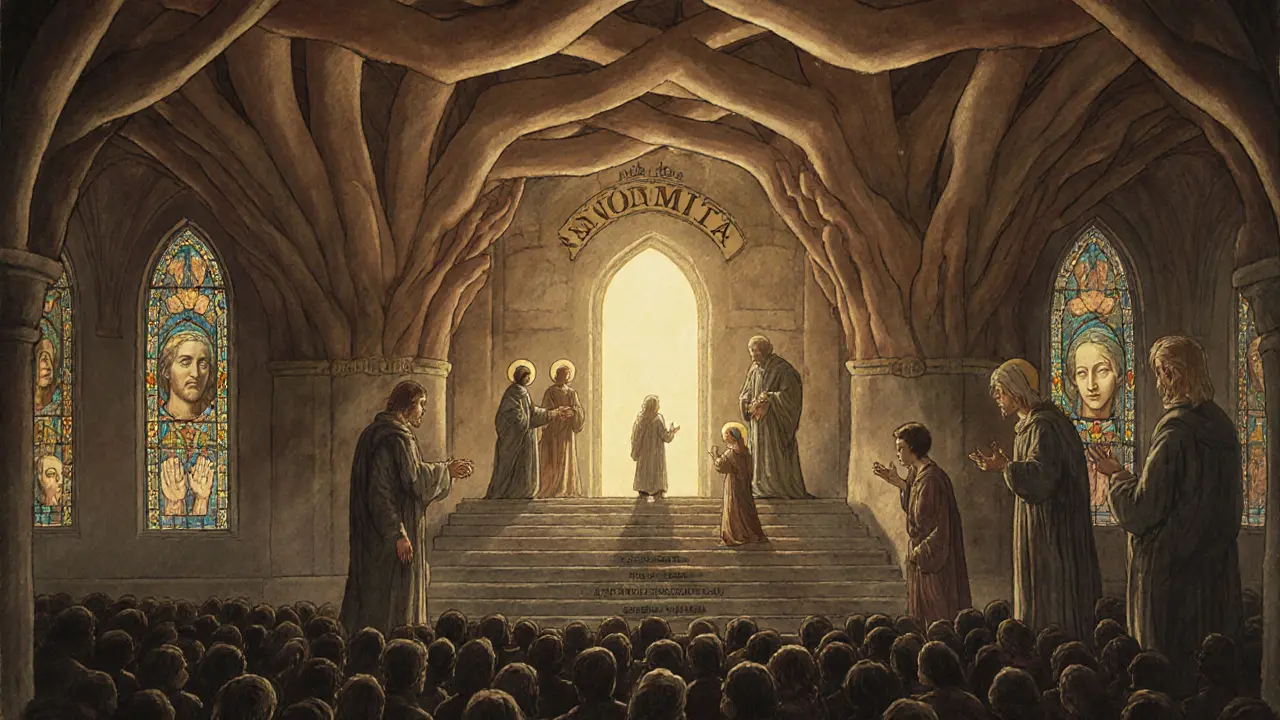 Obrovský centrum podpor s vysokými klenbami z rukou, lidé k němu směřují k světlu.