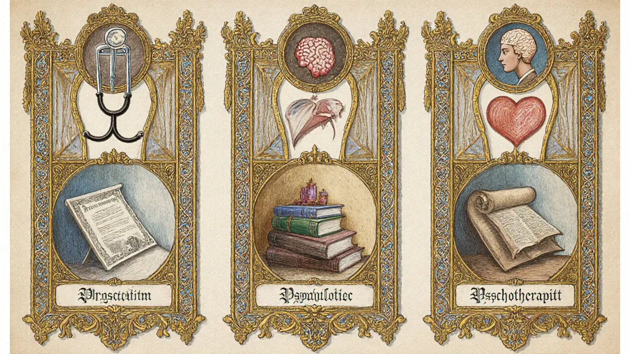 Porovnání psychiatra, psychologa a psychoterapeuta v detailech s ikonami a scénkami.