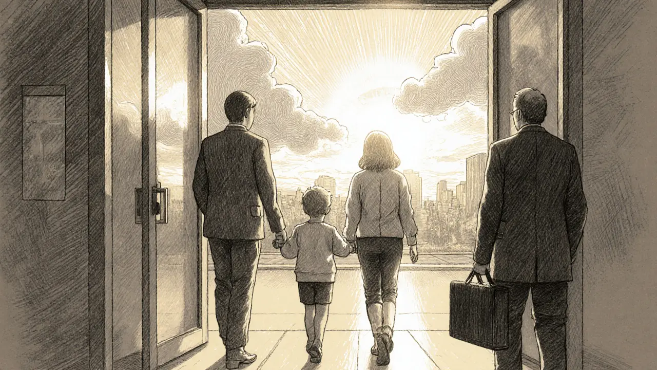 Teenager odchází z kliniky s rodičem a terapeutem, slunce vychází.