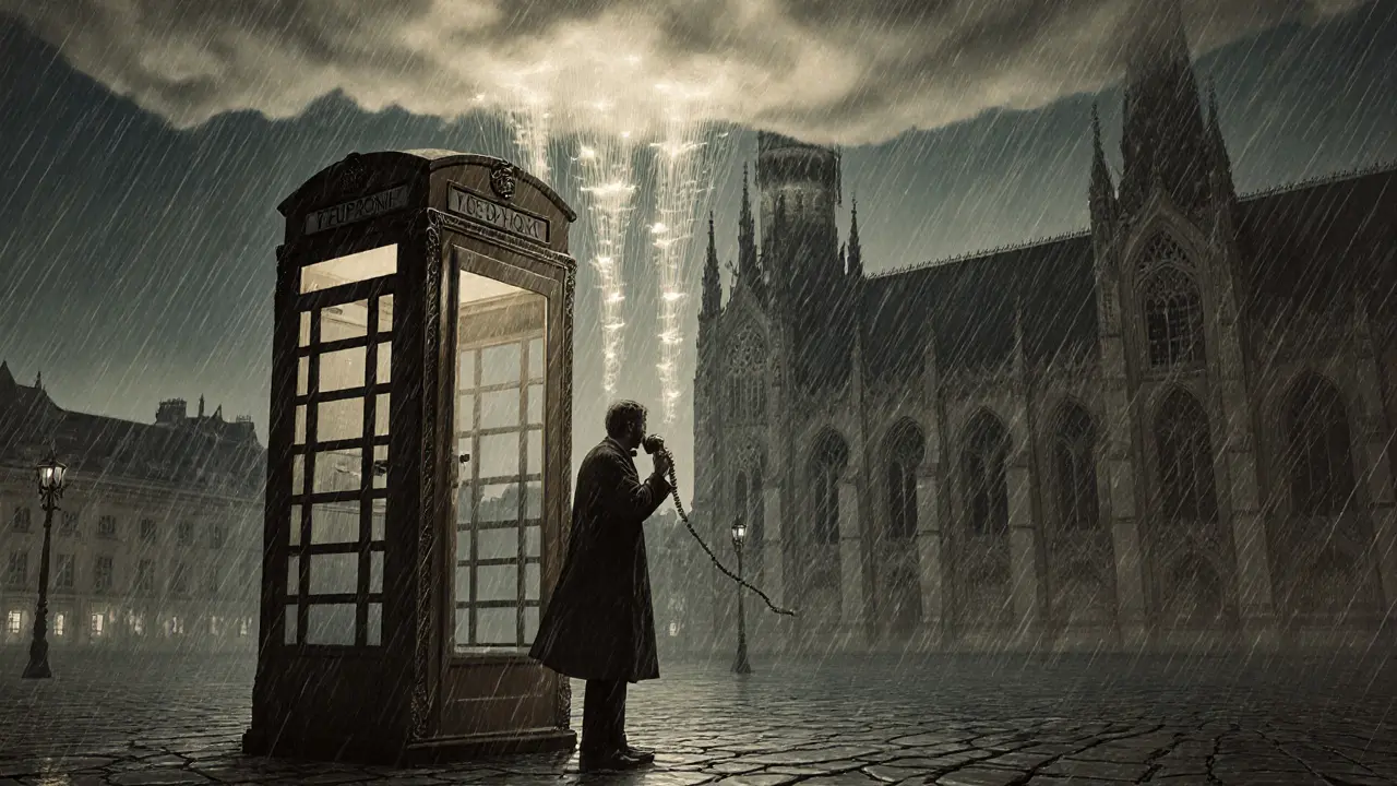 Telefonní kabina v prázdném náměstí, z ní vystupují zářivé nitky do temné oblohy.