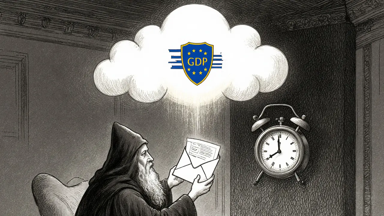 Terapeut přijímá e‑mail, vidí symbol GDPR a běžící hodiny.