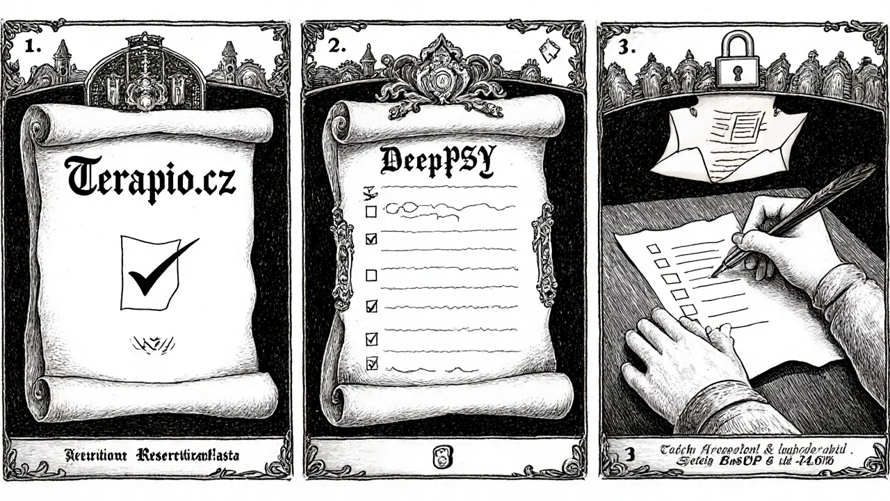 Tři panely zobrazují rezervaci, vyplnění dotazníku a psaní e‑mailu.