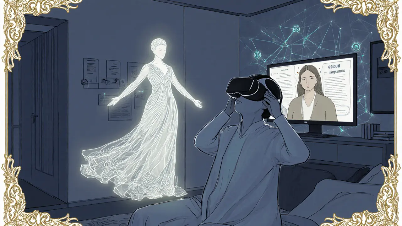 Domácí prostředí s pacientem v headsetu, AI avatar a vzdálený terapeut, v stylu Gustave Doré.