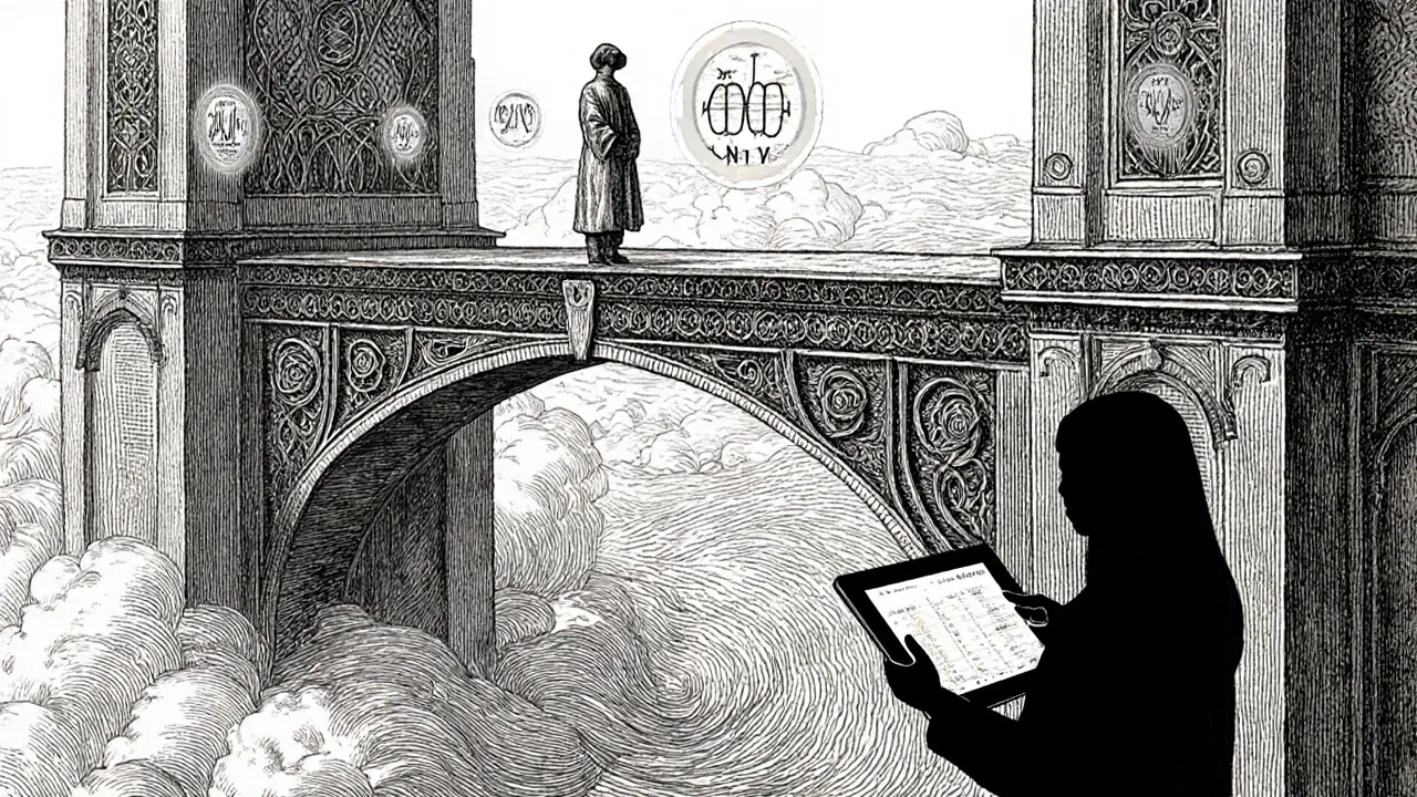 Pacient na virtuálním mostě nad mraky, s monitorovanými životními údaji, v Doré ilustraci.