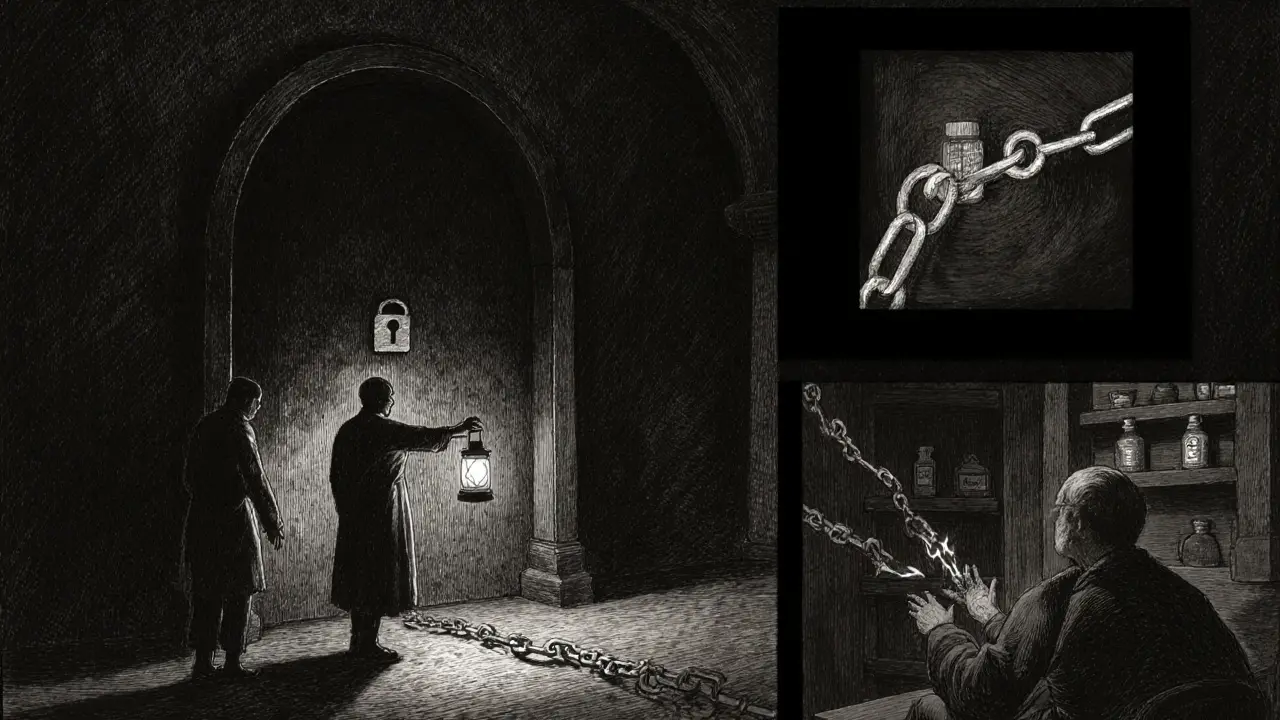 Scéna vystavování OCD pacienta před velkými dveřmi s terapeutem a léky v pozadí.