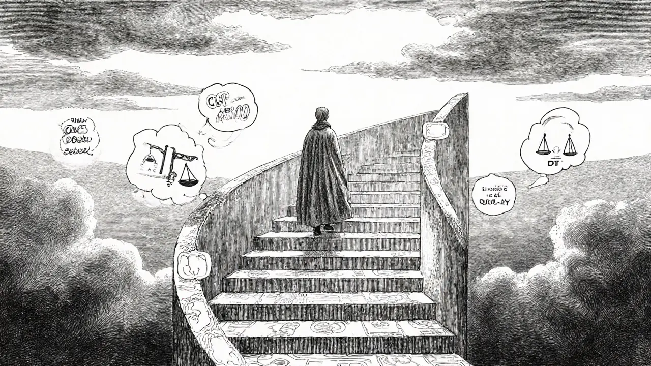 Terapeut vede pacienta po spirálovitém schodišti, symbolizujícím dlouhodobou terapii.