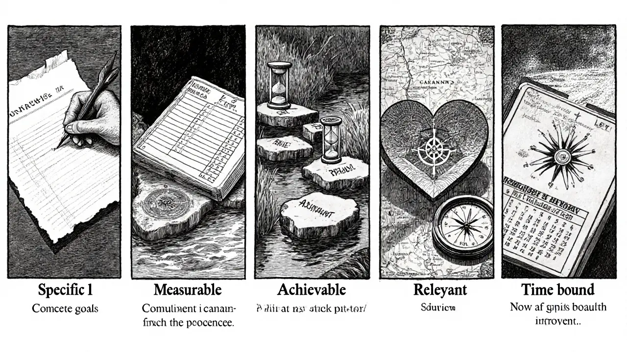 Pět panelů ukazujících jednotlivé kroky SMART cíle v detailem výřezu.