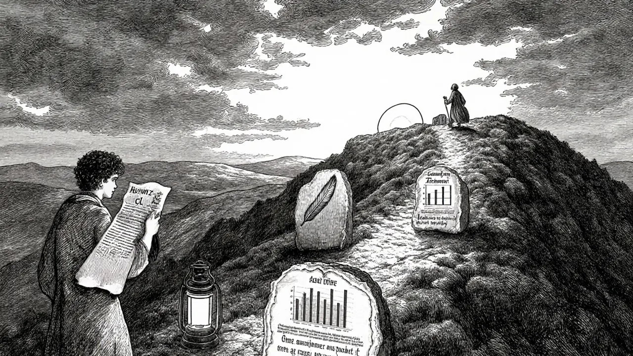 Terapeut a klient na cestě k cílům, s milníky podél stoupající stezky.