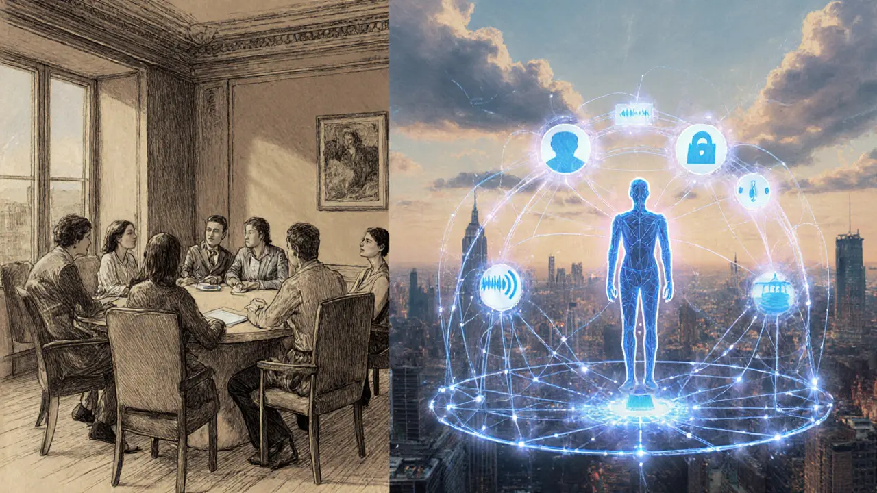 Budoucí hybridní terapie: fyzická místnost, digitální síť a AI prvky.