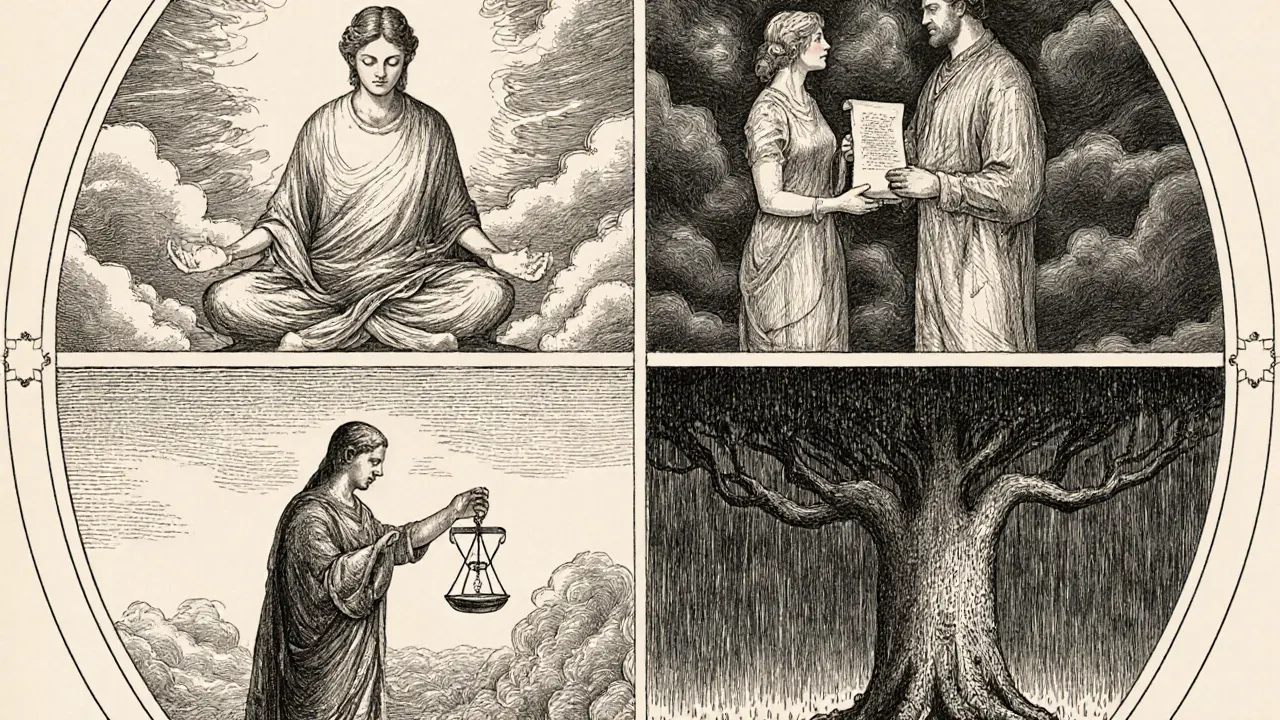 Čtyři moduly DBT jako symbolické panely: všímavost, mezilidské dovednosti, regulace emocí, tolerance stresu.