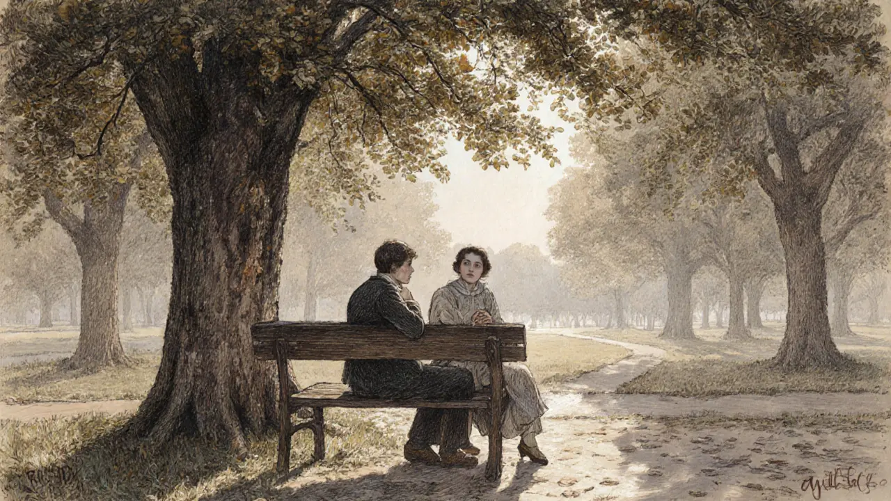 Dva lidé na lavičce v parku naslouchají si a užívají si klidný rozhovor.