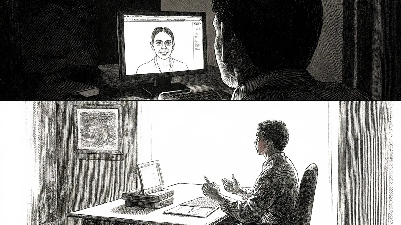 Horní část online sezení, dolní část osobní sezení s rozdílnou neverbální komunikací.