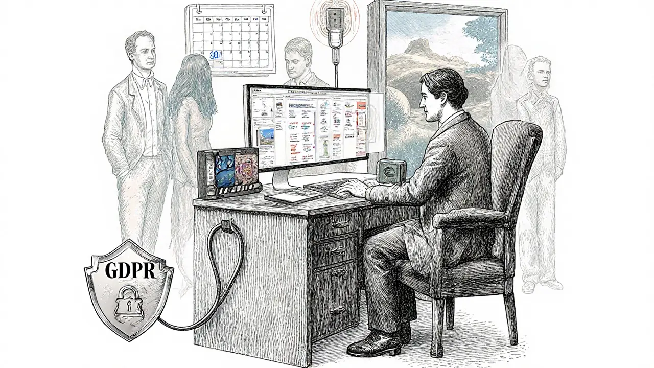 Hybridní terapie: terapeut s počítačem, AR nástroji a symboly soukromí.