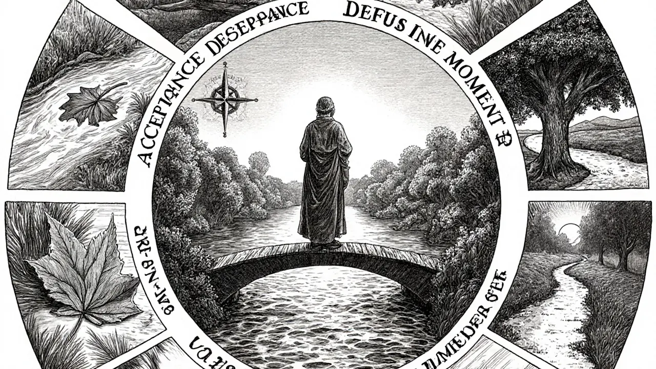 Ilustrace šesti procesů ACT: most, list, kompas, strom a cesty, v detailním stylu Doré.