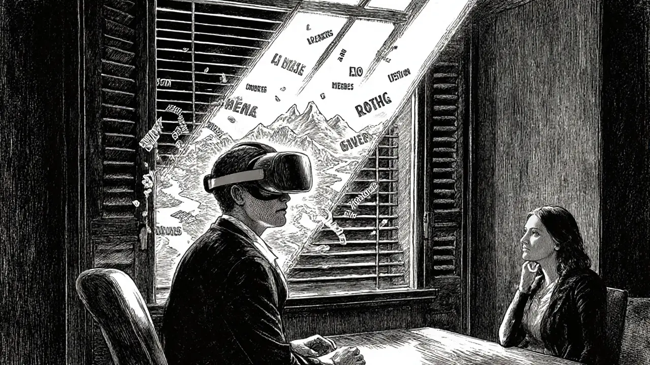 Klient s VR headsetem v terapeutické místnosti, virtuální krajina rozplývající se myšlenky, v stylu Doré.