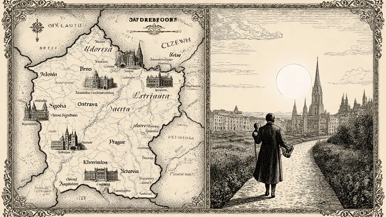 Mapa ČR s vyznačenými centry DBT, terapeut s telefonem a pacient na cestě k obnově.