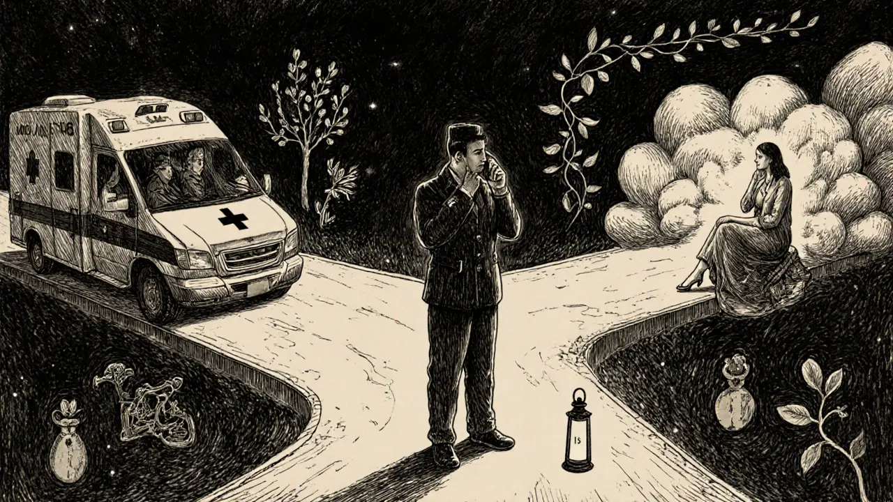 Rozdělená cesta ukazující volbu mezi záchrannou službou a krizovou linkou.