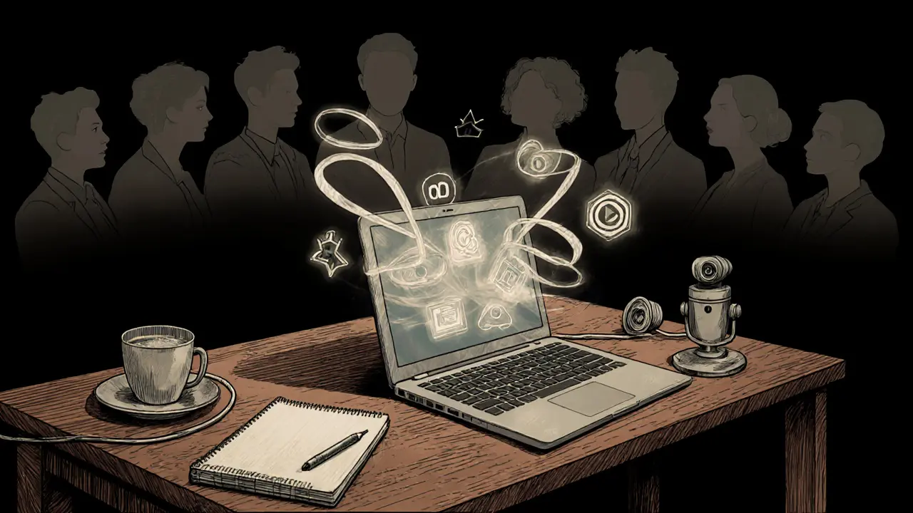 Technické vybavení: laptop s webkamerou, internetová vlna, siluety 7 účastníků.