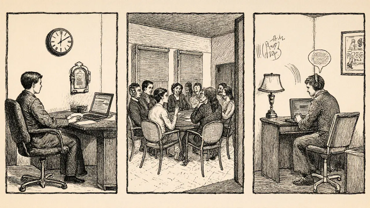 Tři scény: soukromá terapie v kanceláři, skupinová terapie v kruhu a teleterapie u počítače.