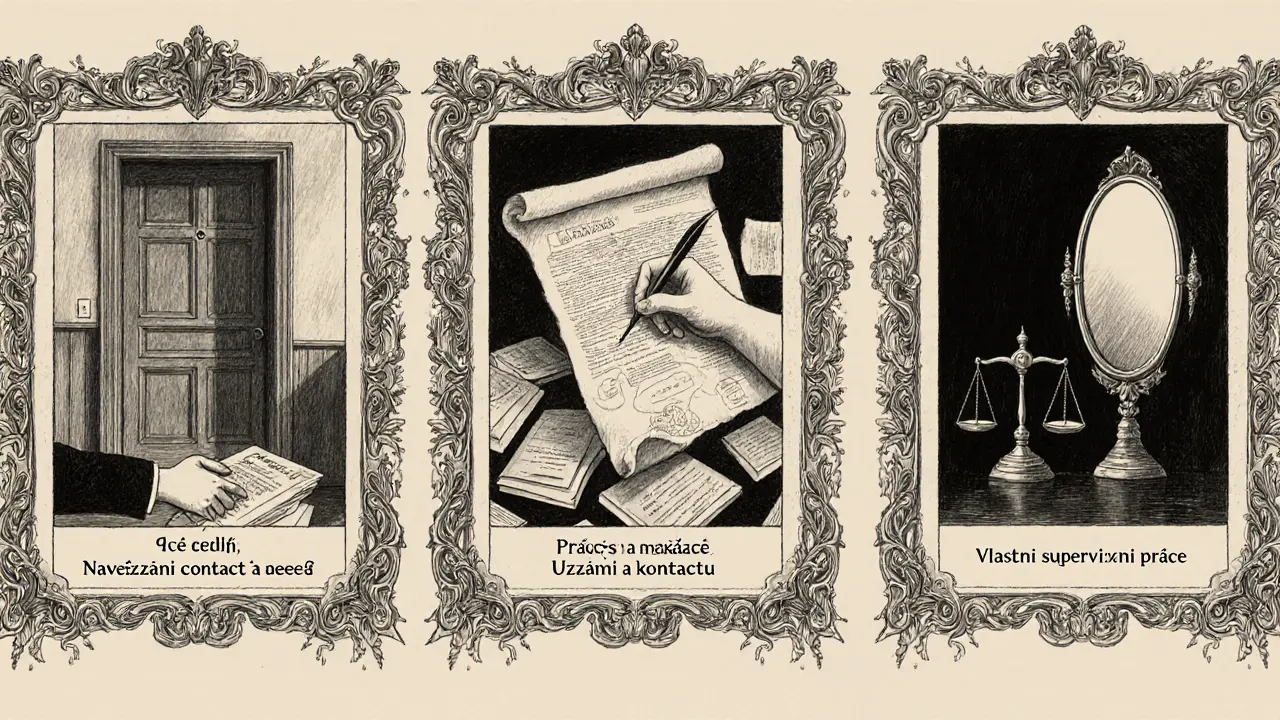 Čtyři panely znázorňují fáze supervize: přivítání, analýza, kontrakt, reflexe.