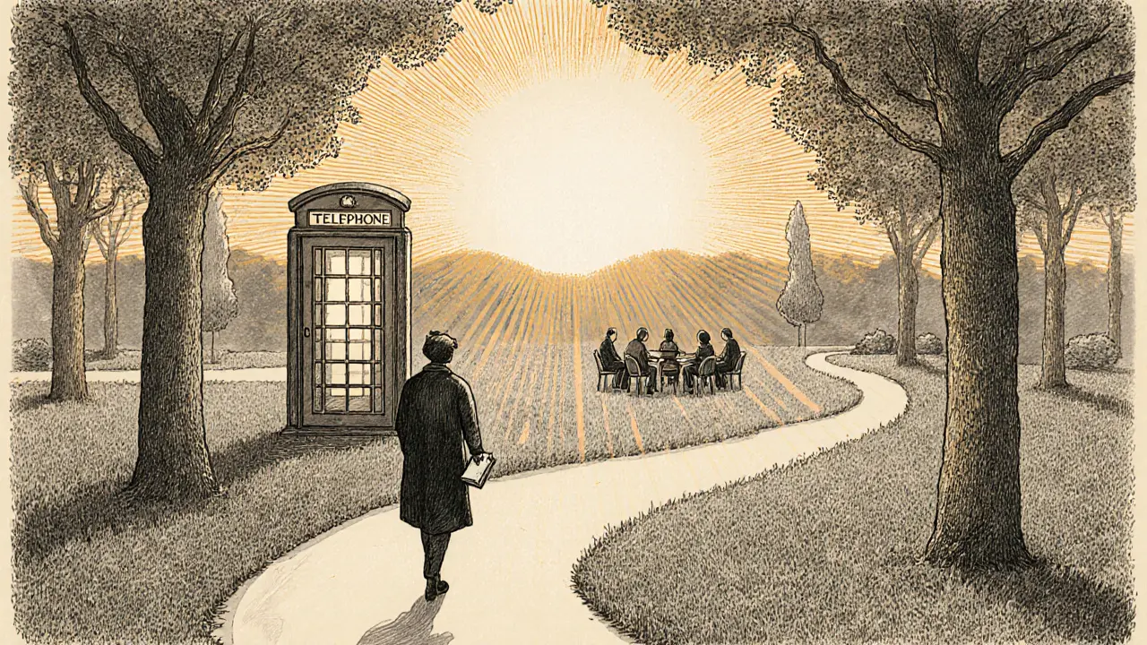 Klient prochází parkem při východu slunce, s telefonní budkou v pozadí.