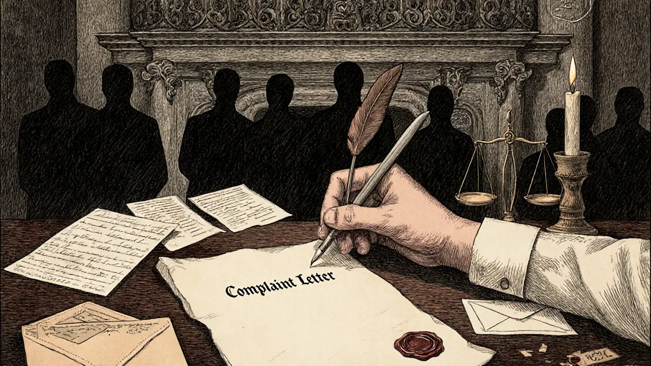 Ruka s perem, dopis a váhy spravedlnosti nad etickou komisí.